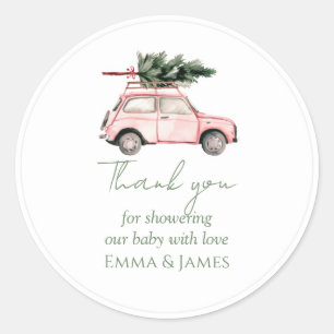 Round Pink Car & Tree Christmas Sticker