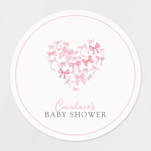 Round Pink Heart Bow Baby Shower favour sticker (Design 1)