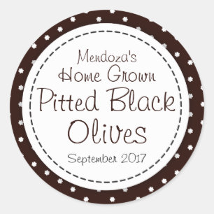 Round pitted black olives jam jar food label