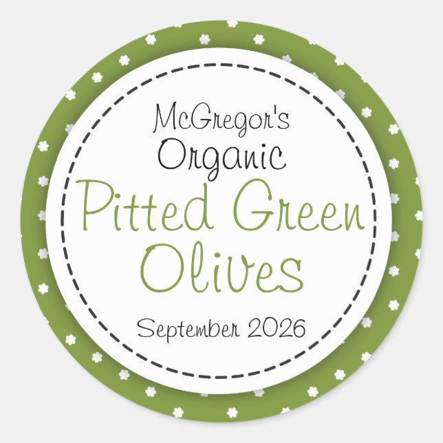 Round pitted green olives jam jar food label (Front)