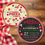 Round Pizza Party Kids Birthday  Invitation<br><div class="desc">Celebrate your kid's birthday in delicious fun style with a pizza-themed party! This pizza themed birthday invitation design features a colourful illustration of a pizza with toppings that create a festive and inviting atmosphere. The background has been designed to resemble a chequered red and white tablecloth, which is often associated...</div>