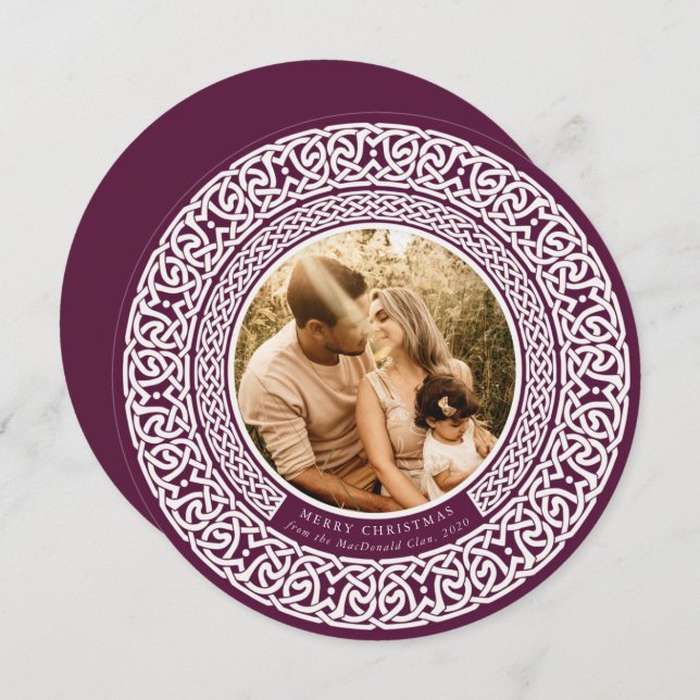 Round Plum + Off White Celtic Holiday Photo Card (Front/Back)