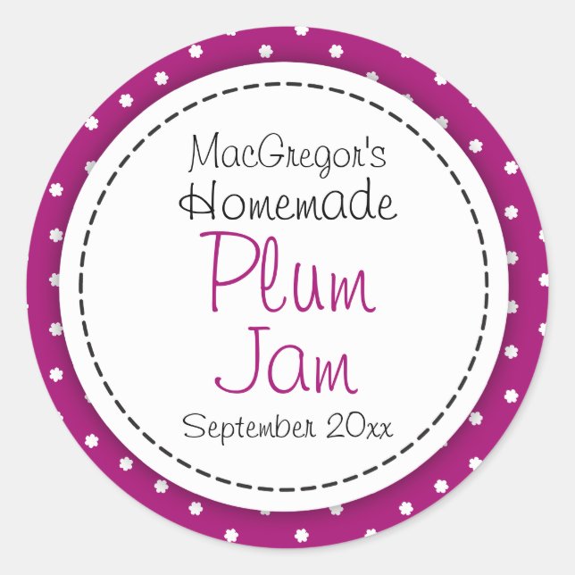 Round plum preserve or jam jar food label (Front)