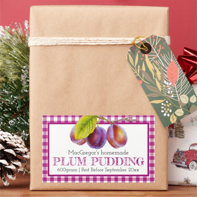 Round plum pudding or stone fruit food label (Holiday)