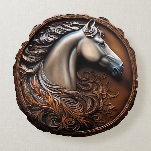 Round Plush Accent Pillow with Western Style Horse (Front)