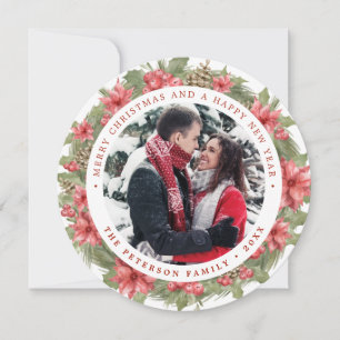 Round Poinsettia Wreath Christmas Photo Card