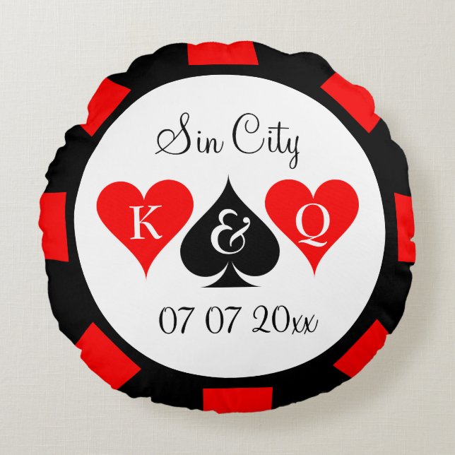 Round poker chip throw pillow for casino wedding (Front)