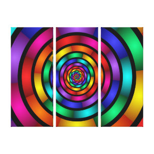 Round Psychedelic Colourful Modern Art Triptych Canvas Print