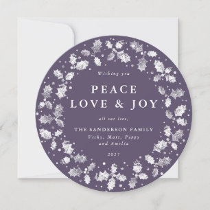 Round Purple Holly Wreath Peace Love + Joy Holiday Card