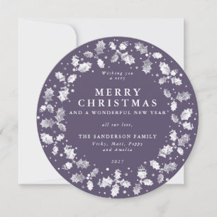 Round Purple Merry Christmas Holly Wreath Holiday Card