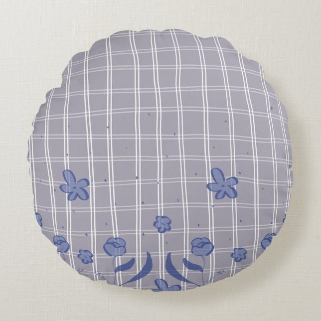Round purple throw pillow chequered with flowers (Front)