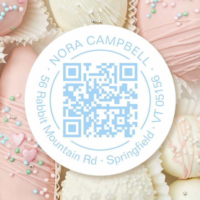 Round QR Code Circle Frame Name Address Baby Blue Classic Round Sticker (Modern, elegant business name, QR code round sticker with circle frame in baby blue.)