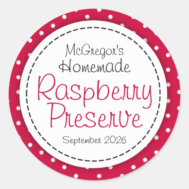 Round raspberry preserve or jam jar food label (Front)