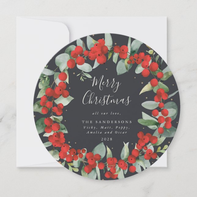 Round Red Berries + Eucalyptus Christmas Wreath Holiday Card (Front)