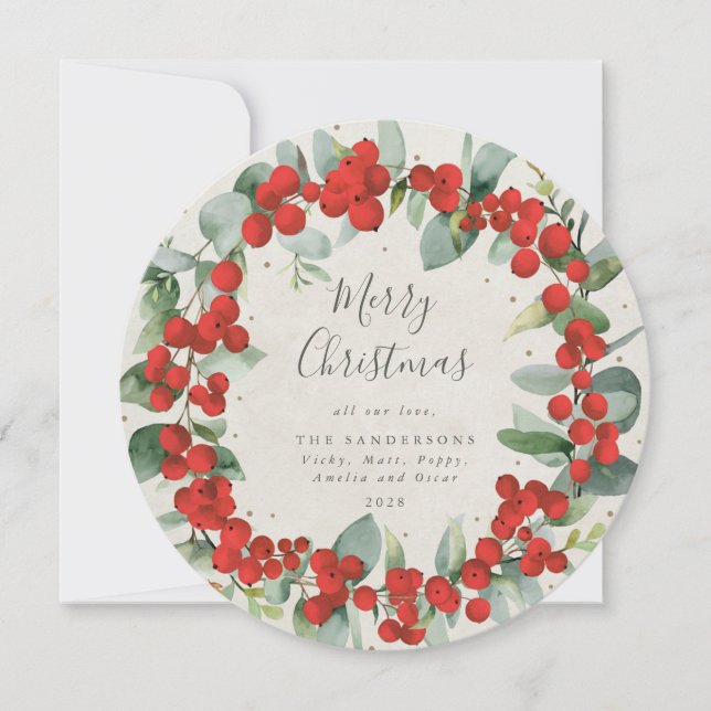 Round Red Berries + Eucalyptus Christmas Wreath Holiday Card (Front)