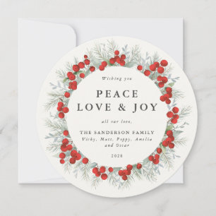Round Red Berries Peace Love + Joy Holiday Card