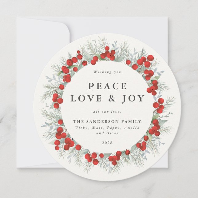 Round Red Berries Peace Love + Joy Holiday Card (Front)