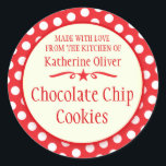 Round red cookie exchange baking gift stickers<br><div class="desc">Cute red polka dot baking stickers, perfect for christmas cookie exchange parties or for selling your homemade products at farmer's market's and craft fairs. Use these stickers to seal your Christmas goodies that you give others or for children's favours to family and friends. Currently reads Made with love from the...</div>