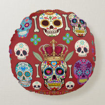 Round red Cushion - Gothic - skull and bones