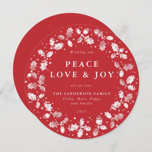 Round Red Holly Wreath Peace Love + Joy Holiday Card (Front/Back)