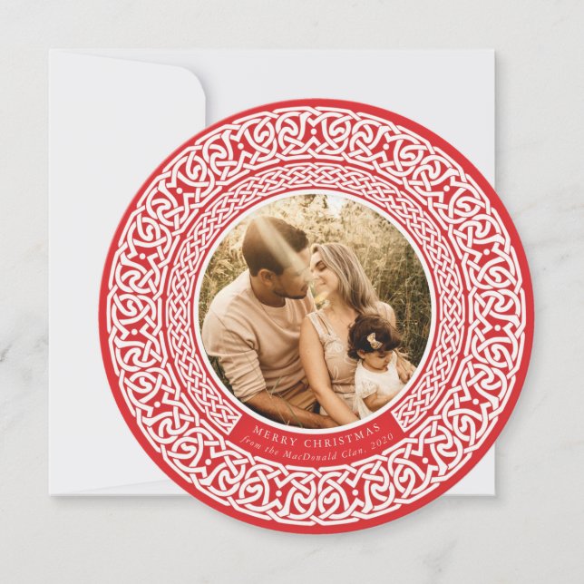 Round Red + Off White Celtic Holiday Photo Card (Front)