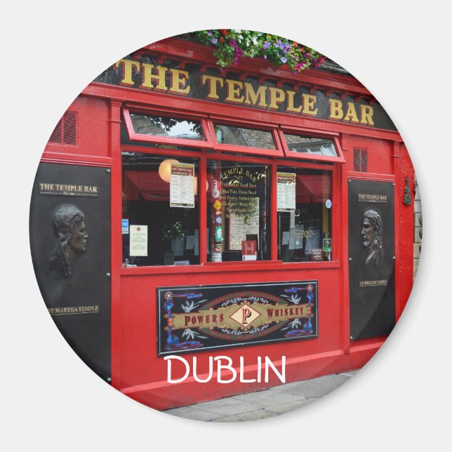 Round red Temple Bar pub magnet with text Dublin (Front)