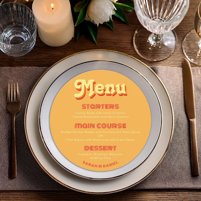 Round Retro Wedding Groovy Orange Red Yellow Menu (Creator Uploaded)