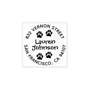 Round Return Address Rubber Stamp With Paw Prints