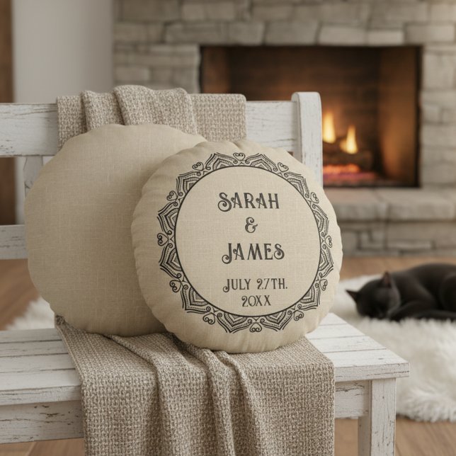 Round Rustic Farmhouse Wedding Pillow with Names (Personalized round wedding pillow.)