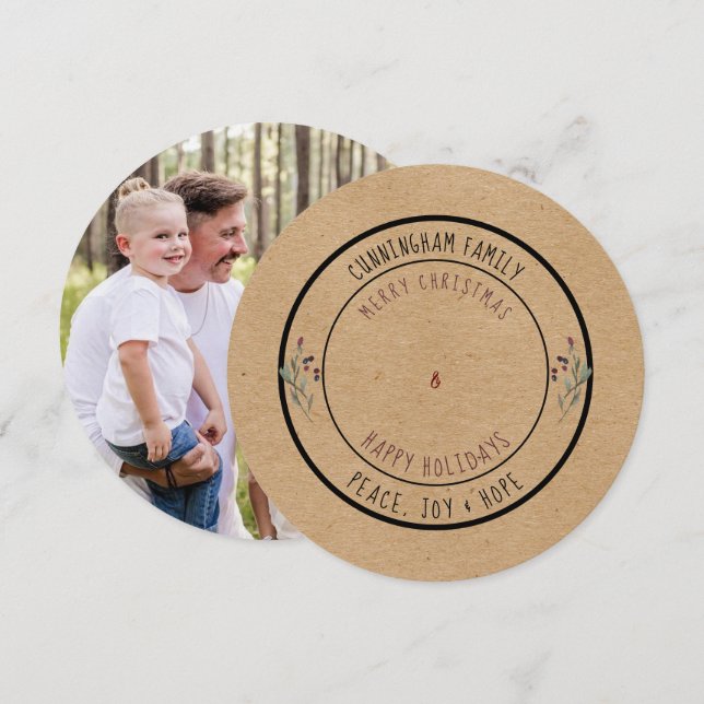 Round Rustic Photo Christmas  Holiday Card (Front/Back)
