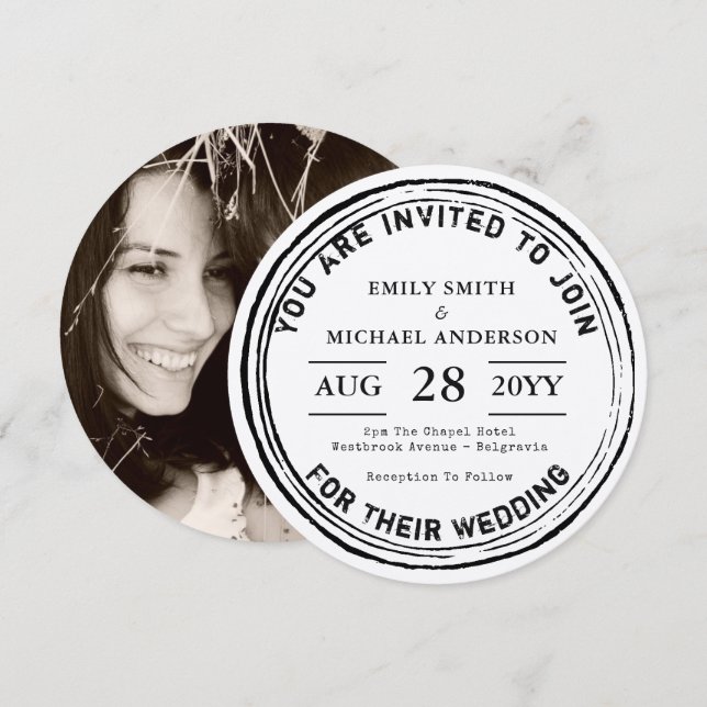 Round Rustic Wedding Invitation Ink Stamp Photo (Front/Back)