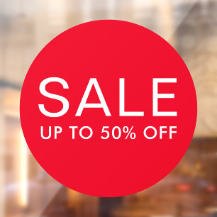 Round sale sign with custom text or up to 50% off