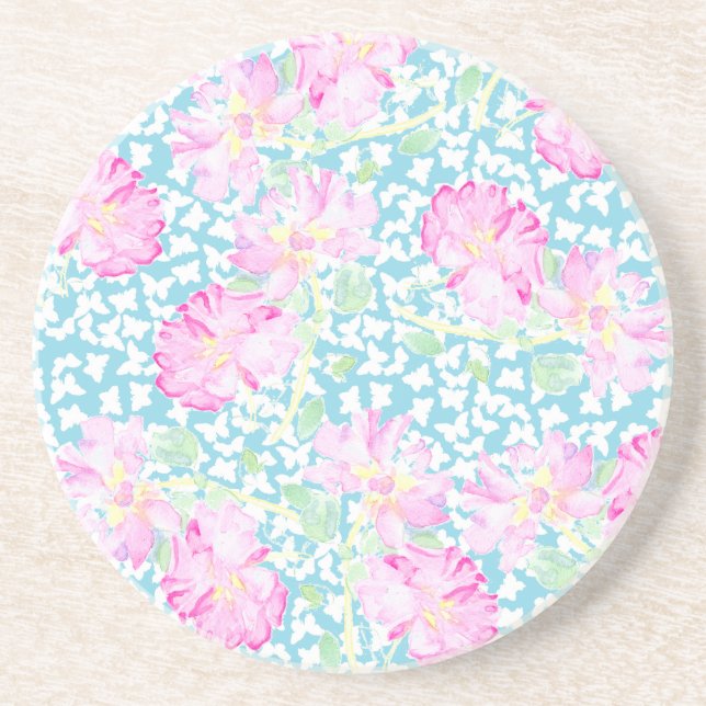 Round Sandstone Coaster, Roses and Butterflies Coaster (Front)