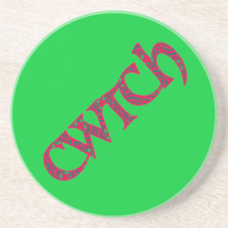 Round Sandstone Coaster with Welsh Cwtch on Green