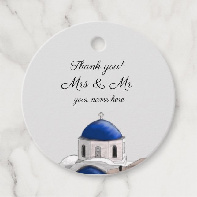 Round Santorini Blue Dome favour tag (Front)