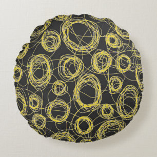 Round Scribbles Yellow and Black Round Cushion