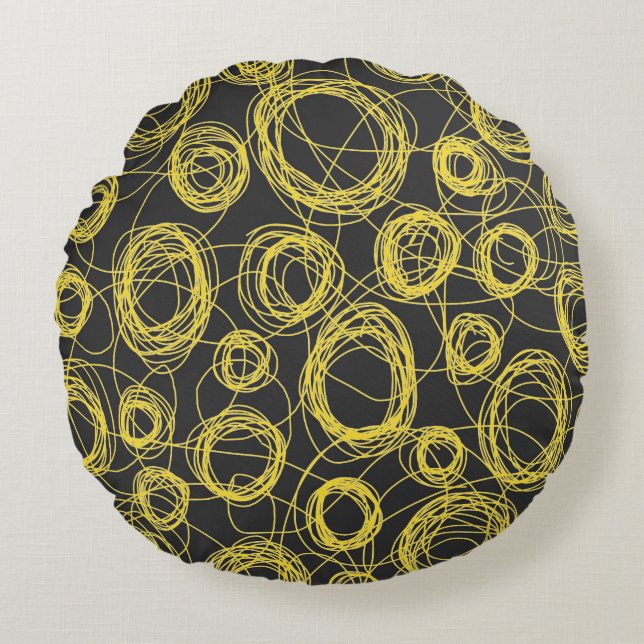 Round Scribbles Yellow and Black Round Cushion (Front)