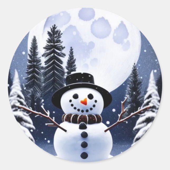 Round snowman stickers under the moon (Front)