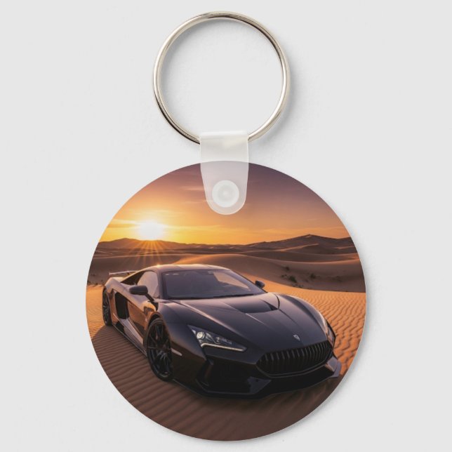 Round sports car keyring in the desert (Front)