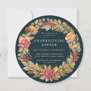 Round/Square Autumnal Wreath Thanksgiving Dinner Invitation