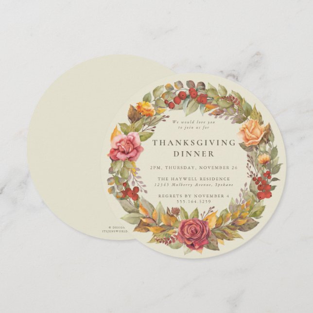 Round/Square Autumnal Wreath Thanksgiving Dinner Invitation (Front/Back)