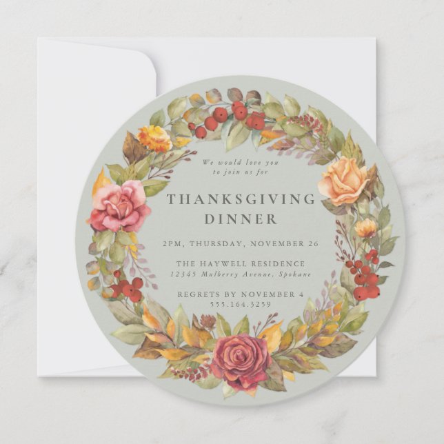 Round/Square Autumnal Wreath Thanksgiving Dinner Invitation (Front)