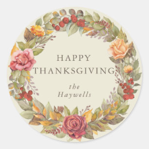 Round/Square Fall Wreath Happy Thanksgiving Classic Round Sticker