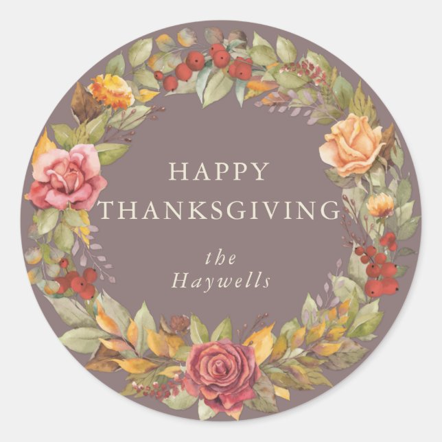 Round/Square Fall Wreath Happy Thanksgiving Classic Round Sticker (Front)