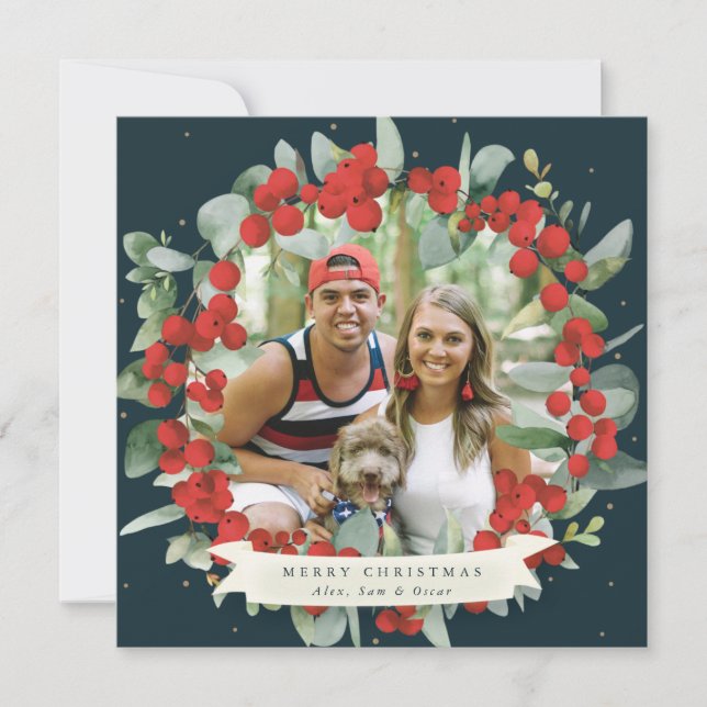 Round/Square Red Berry+Eucalyptus Christmas Wreath Holiday Card (Front)