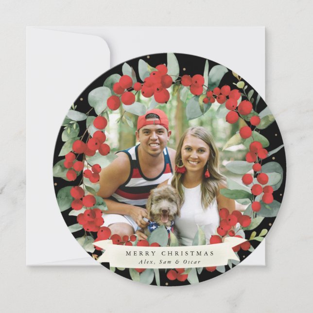 Round/Square Red Berry+Eucalyptus Christmas Wreath Holiday Card (Front)