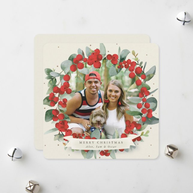 Round/Square Red Berry+Eucalyptus Christmas Wreath Holiday Card (Front/Back In Situ)