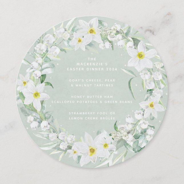 Round/Square White Spring Flowers Easter Wreath Menu (Front)