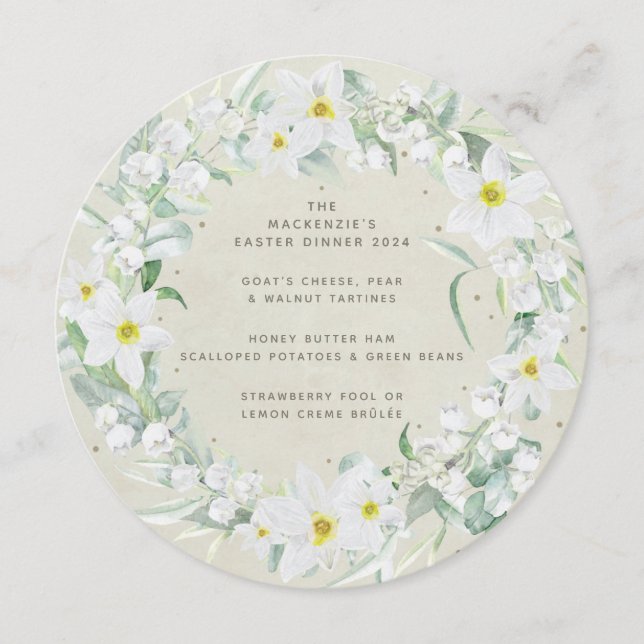 Round/Square White Spring Flowers Easter Wreath Menu (Front)