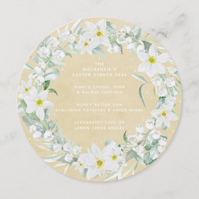 Round/Square White Spring Flowers Easter Wreath Menu (Front)